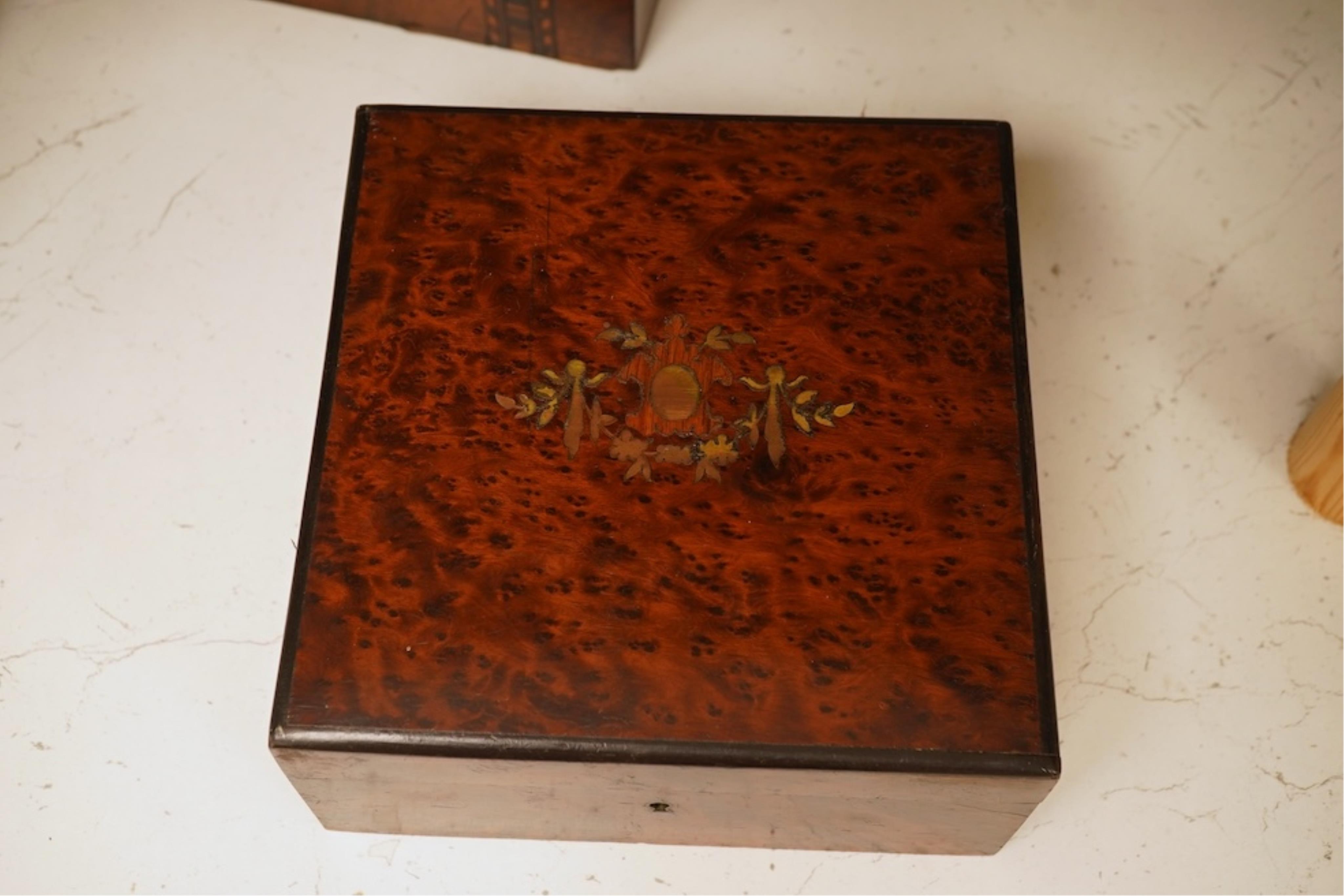 A 19th century French thuya box, Victorian tea caddy and an Art Nouveau book-shaped box, largest 20cm high